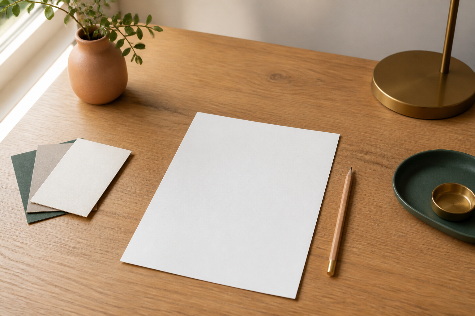 A blank page and pencil on a warm wooden desk, used as an early design concept image.