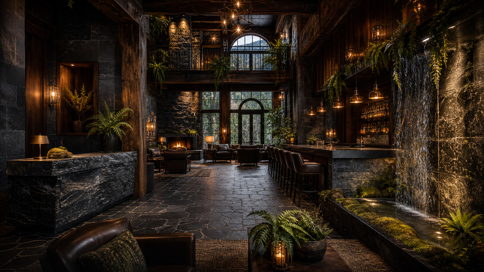 A dark slate and walnut hotel lobby bar with ferns, moss, warm lighting, and a water wall.